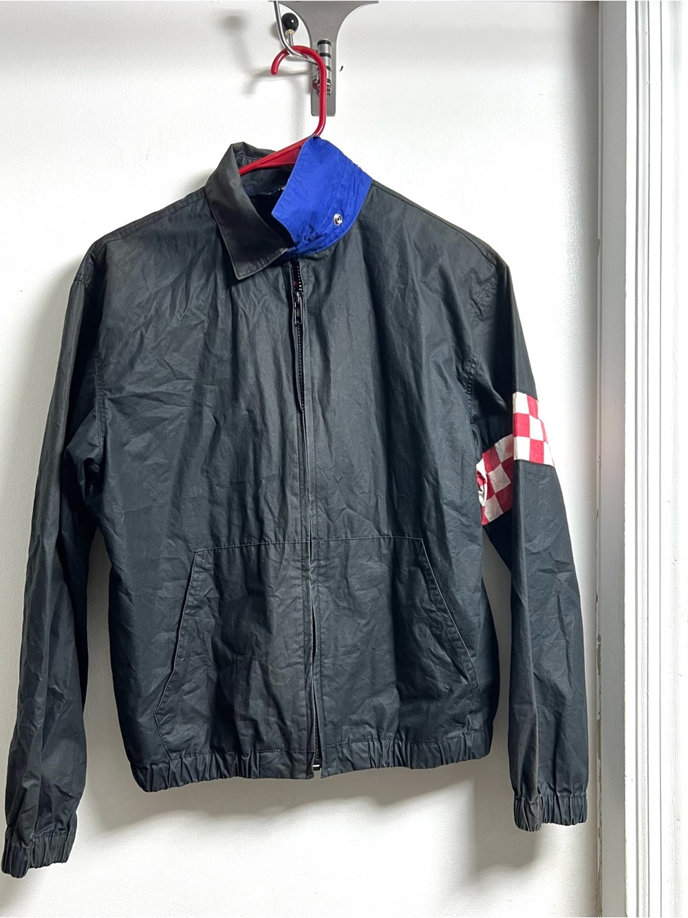 Ralph Lauren Black Jacket with Blue Collar and Red-White Check Sleeve